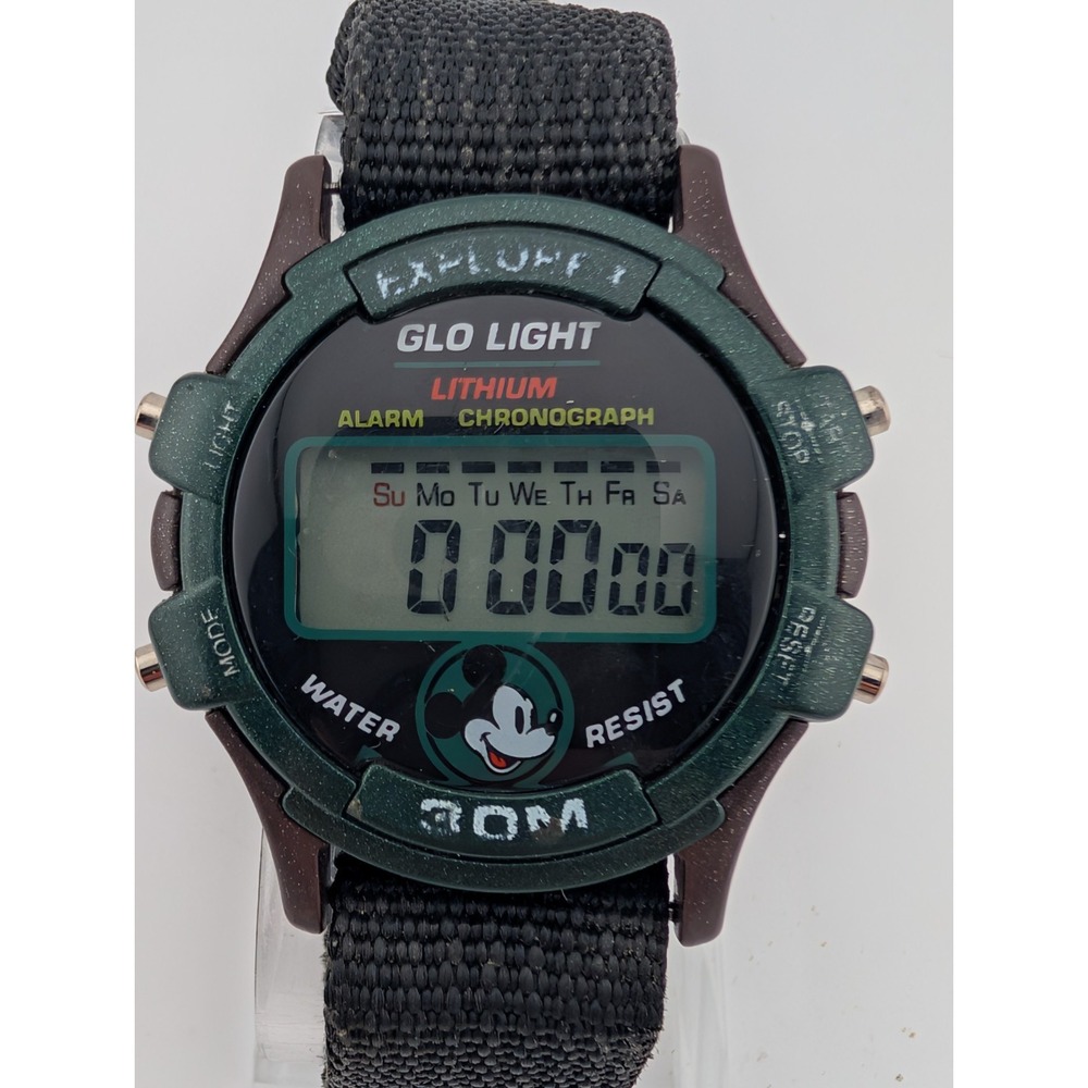 Vtg 1990's Disney MICKEY MOUSE Explorer Glo‎ Light Digital Watch- New Battery